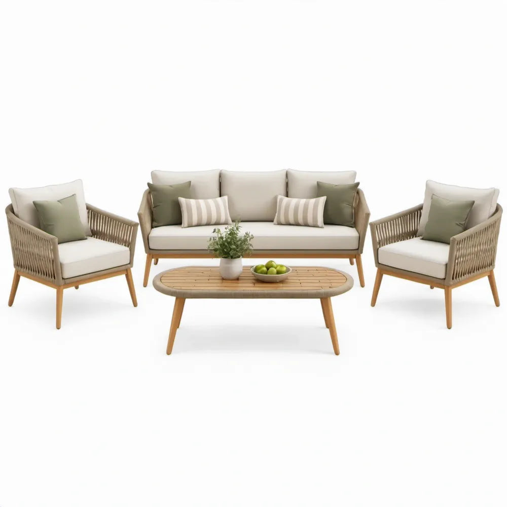 4-delige set in naturel bruin, beige en olijfgroen – 3-zitsbank 180 x 78 x 75 cm, 2 fauteuils 75 x 78 x 75 cm en ovale tafel 120 x 60 x 45 cm