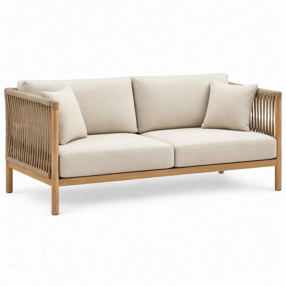 2-zits tuinbank 170 x 75 x 78 cm beige met acaciahouten frame en gevlochten polyester touw