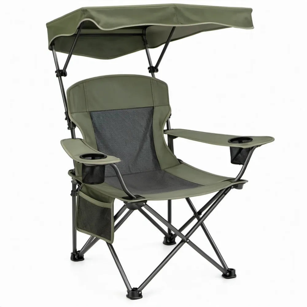Opvouwbare groene stoel met zonnescherm, bekerhouders en zijvak, 90 x 60 x 140 cm