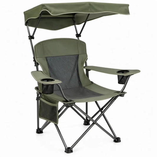 Opvouwbare groene stoel met zonnescherm, bekerhouders en zijvak, 90 x 60 x 140 cm