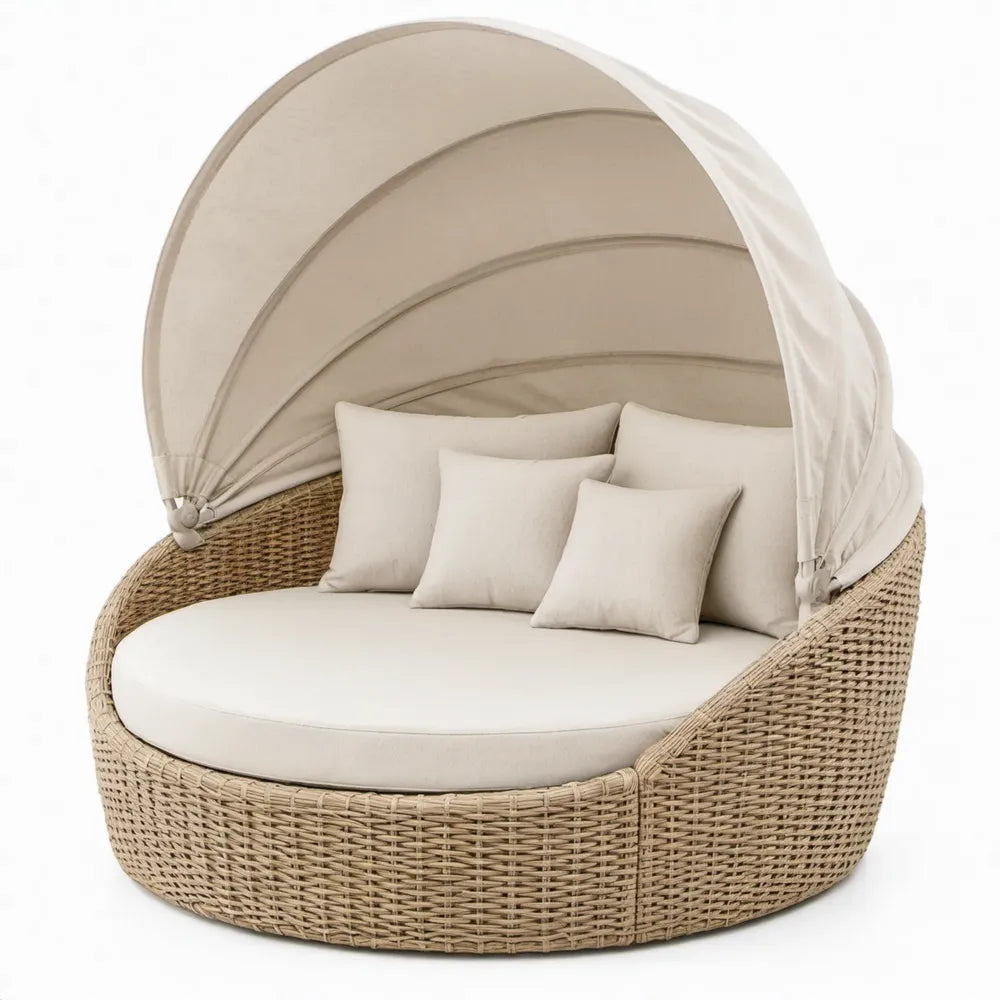 Rond tweepersoonsligbed met inklapbaar zonnedak, Ø 180 x H 170 cm, Beige/Crème