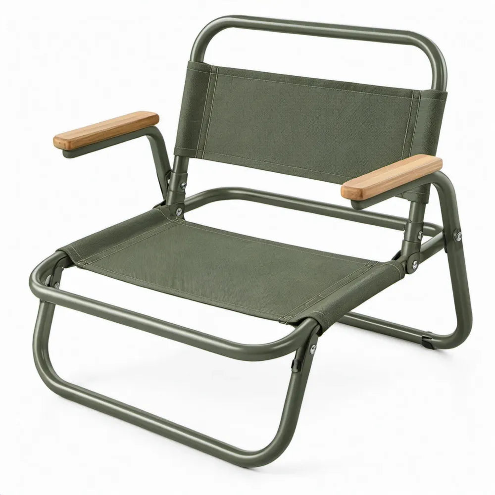 Inklapbare groene campingstoel met beukenhouten armleuningen, 54 x 50 x 68 cm