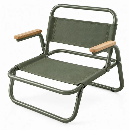 Inklapbare groene campingstoel met beukenhouten armleuningen, 54 x 50 x 68 cm