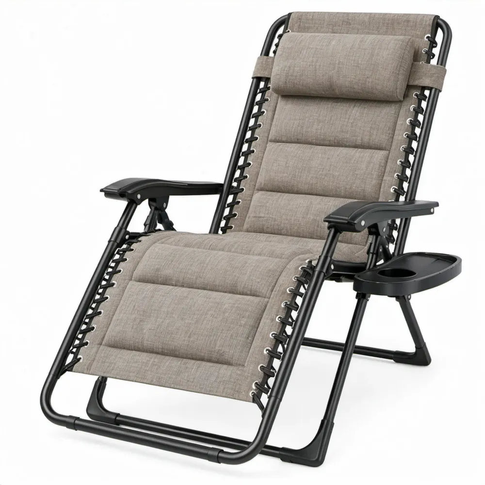 Verstelbare opvouwbare ligstoel met hoofdsteun en bekerhouder, 90 x 65 x 110 cm, taupe/zwart
