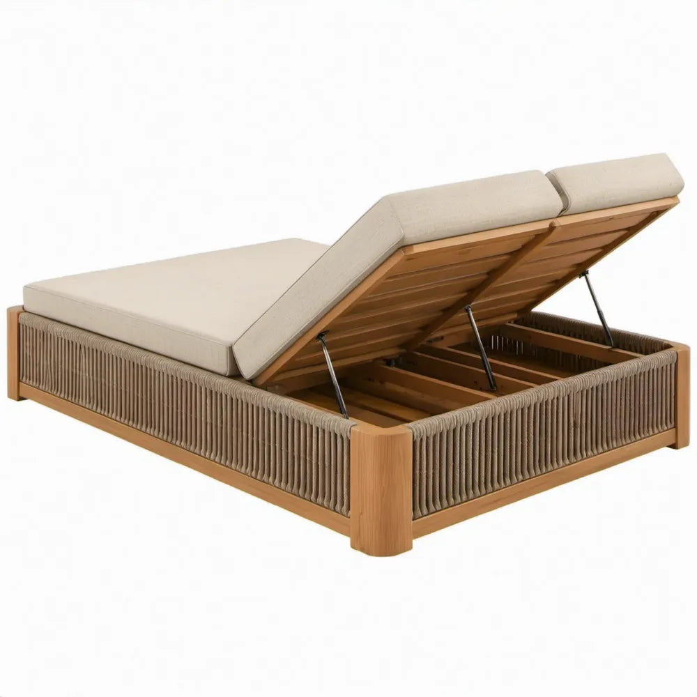 Tweepersoons tuinligbed met opbergruimte en verstelbare rugdelen, 200 x 160 x 38 cm, Beige/Taupe/Naturel bruin