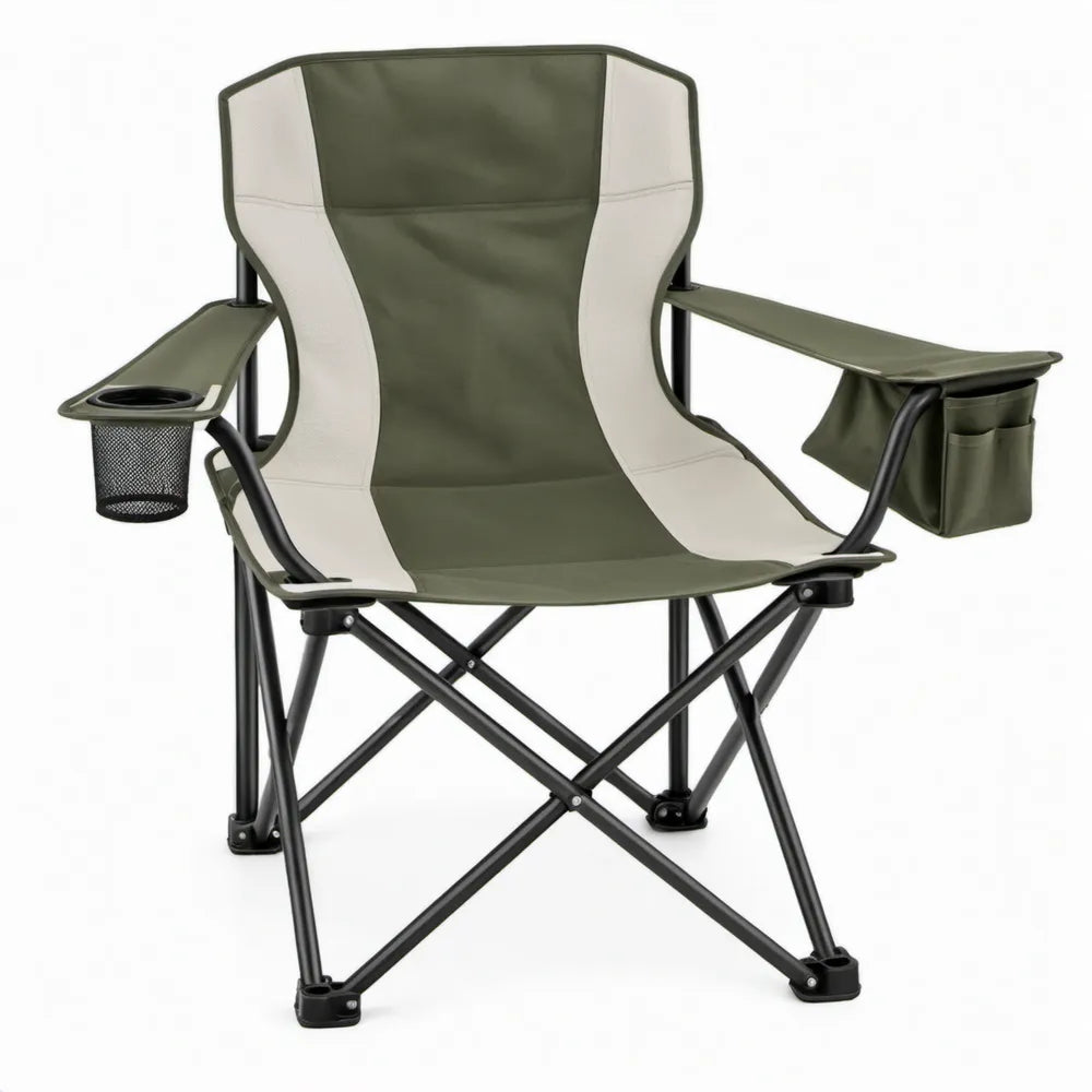 Inklapbare campingstoel met armleuningen, bekerhouder en zijvak Groen/Beige/Zwart 90 x 60 x 60 cm