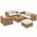5-delige loungeset van massief acaciahout, naturel bruin met crèmekleurige kussens, 3-zitsbank 210 x 80 x 75 cm