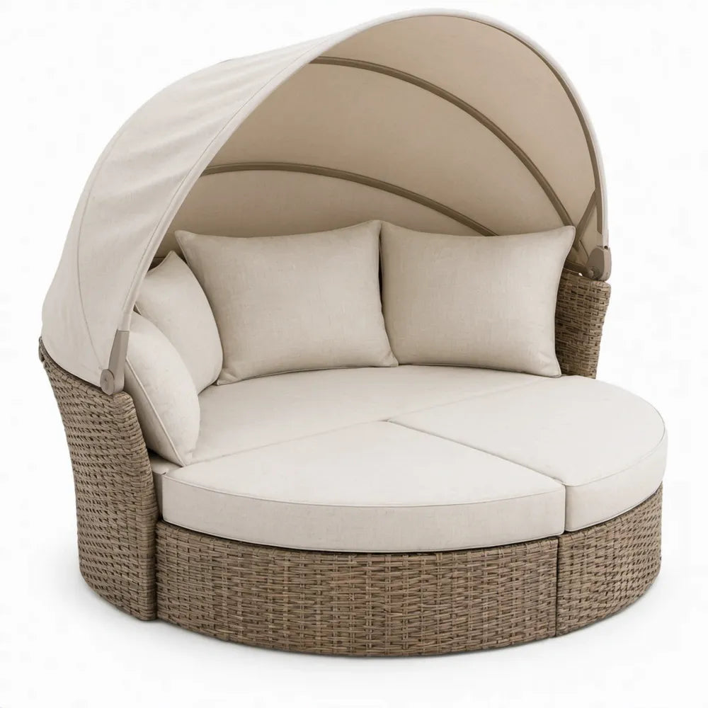 Rond tuinligbed voor 2 personen met verstelbare overkapping, beige en taupe, 180 x 180 x 145 cm