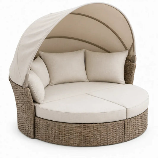 Rond tuinligbed voor 2 personen met verstelbare overkapping, beige en taupe, 180 x 180 x 145 cm