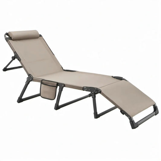 Verstelbaar ligbed met hoofdsteun en zijvak, taupe/zwart, 165 x 65 x 112 cm