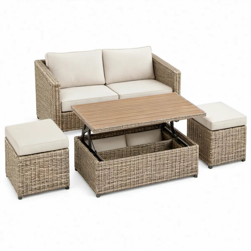 4-delige tuinloungeset met 2-zitsbank, opbergtafel en 2 krukken, taupe/beige/bruin, bank 124 x 74 x 80 cm