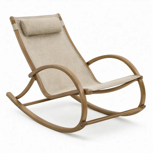 Schommelstoel met hoofdsteun, gebogen beukenhout en beige polyester, 110 x 65 x 95 cm