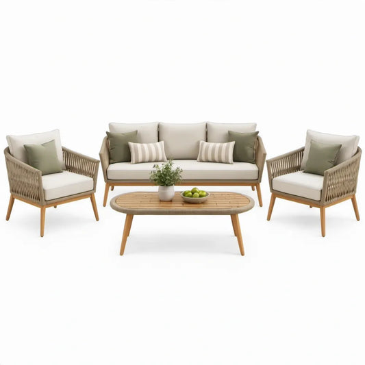 4-delige set in naturel bruin, beige en olijfgroen – 3-zitsbank 180 x 78 x 75 cm, 2 fauteuils 75 x 78 x 75 cm en ovale tafel 120 x 60 x 45 cm