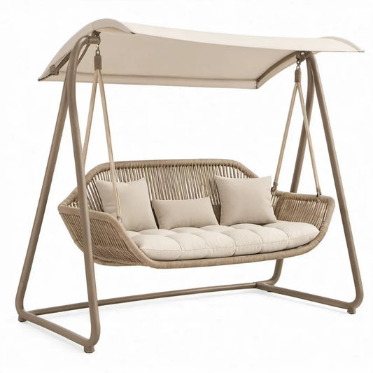 Beige 3-zits schommelbank met zonnedak, 200 x 120 x 170 cm