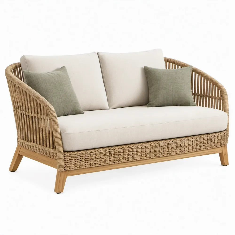 2-zits tuinbank met kussens, naturel/beige/groen, PE-rattan en acaciahout, 140 x 75 x 82 cm
