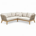L-vormige hoekopstelling 250 x 250 x 78 cm met beige kussens, acaciahout en PP-touw