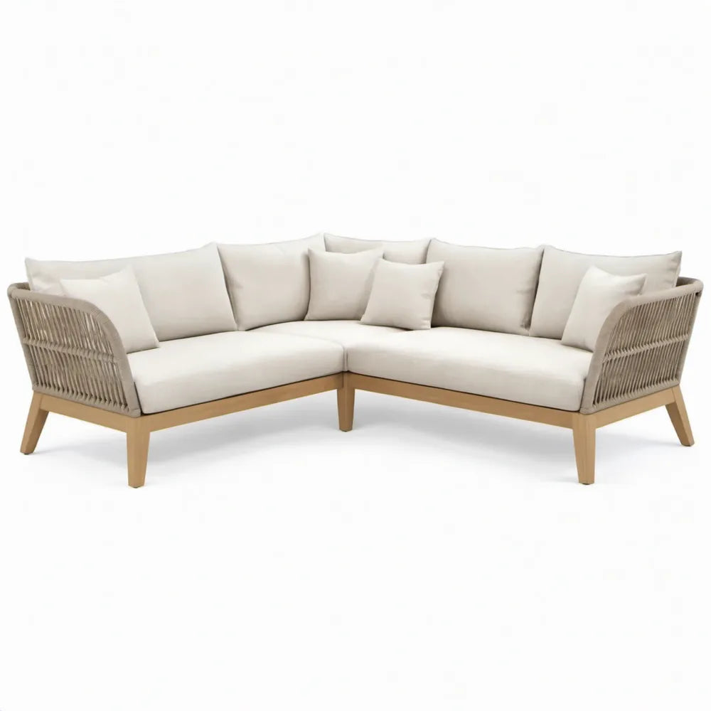 L-vormige hoekopstelling 250 x 250 x 78 cm met beige kussens, acaciahout en PP-touw