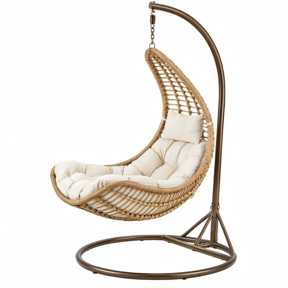 Ei-vormige hangstoel met standaard 95 x 95 x 195 cm bruin PE-rotan met crèmekleurige kussens