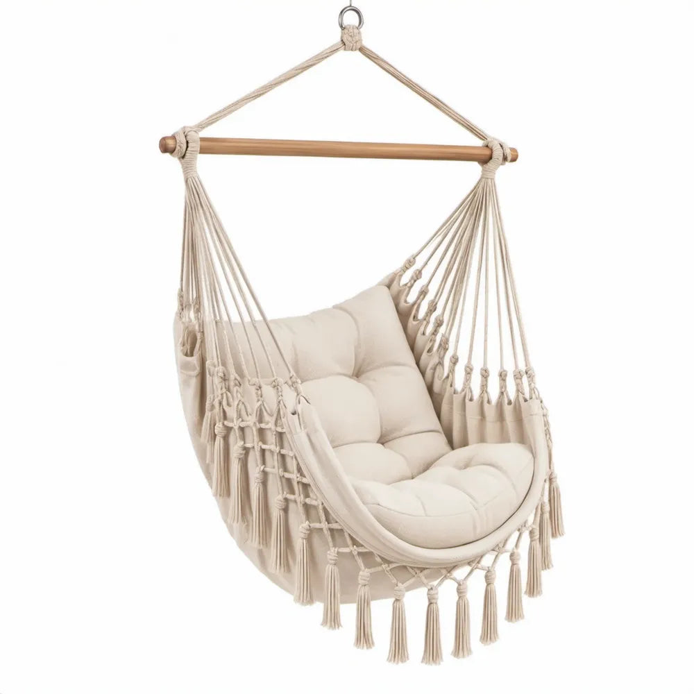 Hangstoel met spreidstok 100 x 120 cm van crèmekleurig katoen en beukenhout