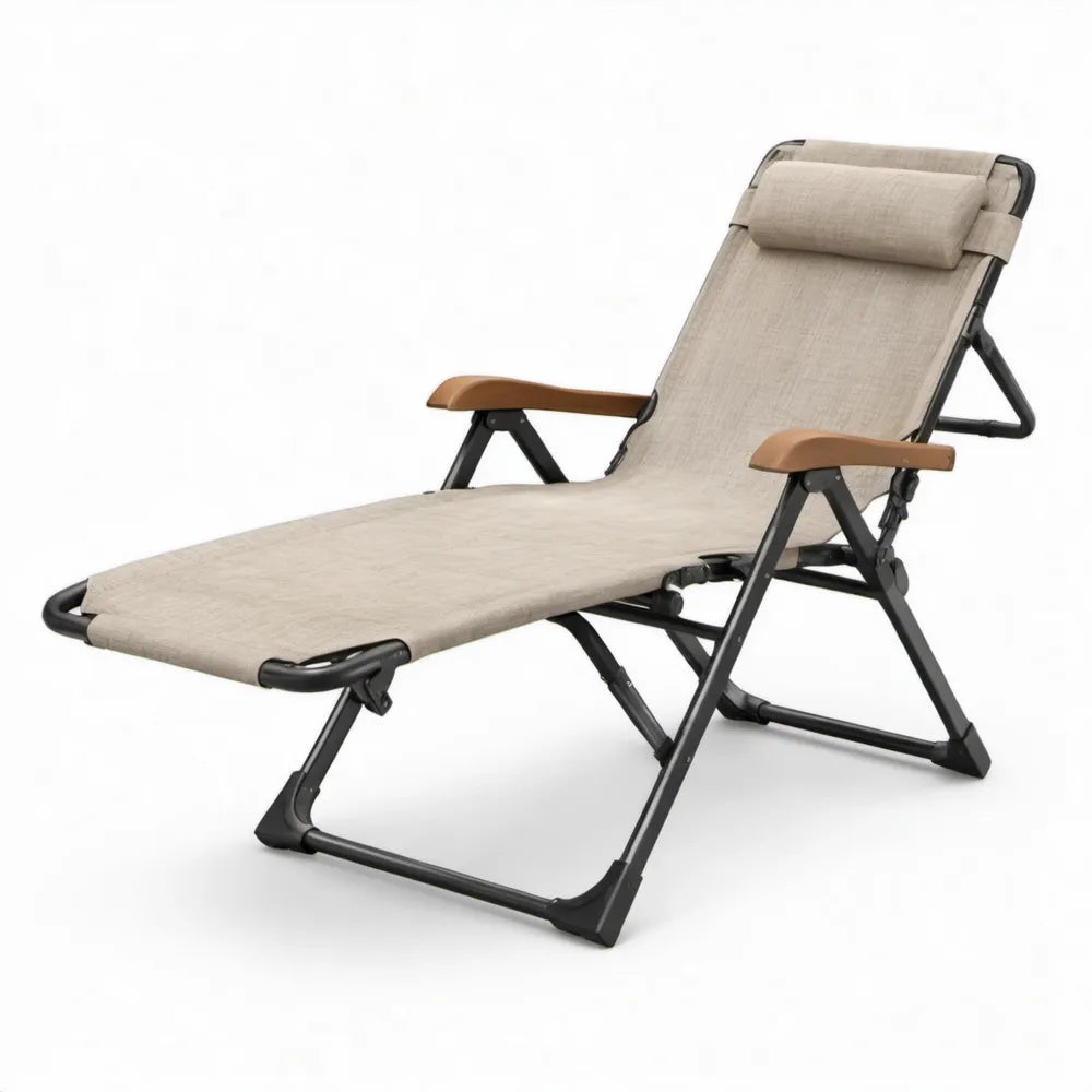 Inklapbare beige ligstoel met verstelbare rugleuning en hoofdkussen, 165 x 65 x 110 cm