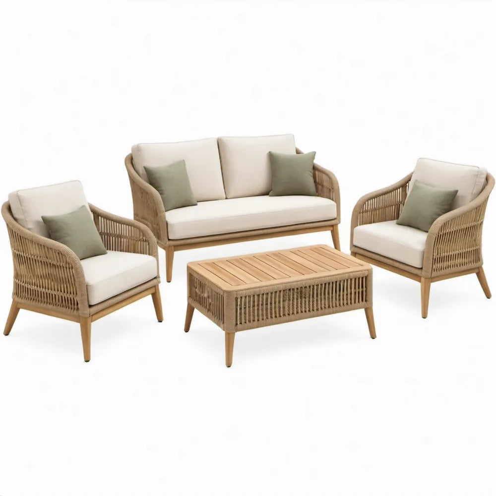 4-delige tuinset van acaciahout en PE-vlechtwerk met beige kussens, 2 fauteuils, 2-zitsbank en salontafel