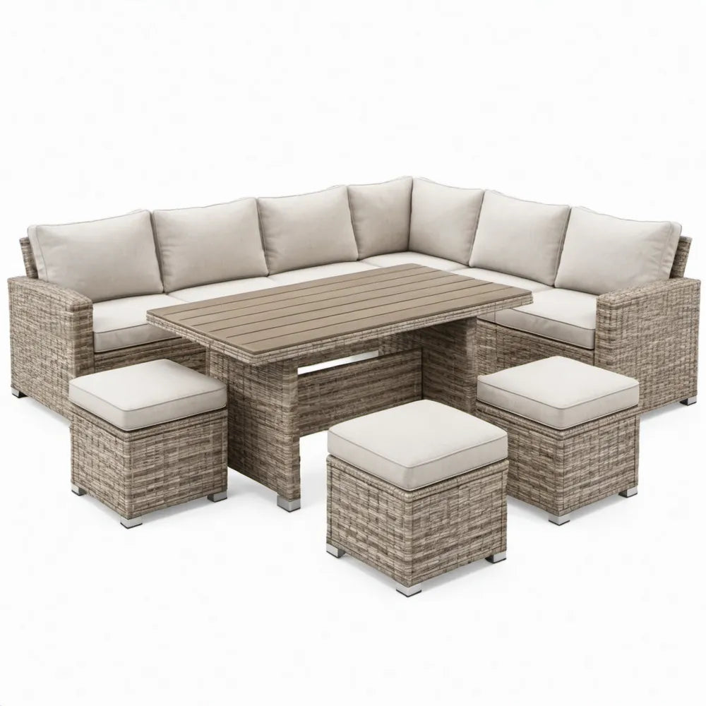 6-delige tuinloungeset met hoekbank, tafel en 3 krukken, 230 x 230 cm, grijsbruin en beige