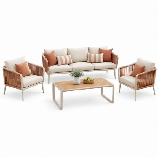 4-delige loungeset met 3-zitsbank, 2 fauteuils en salontafel, beige/terracotta/lichtbruin, 204 x 78 x 76 cm