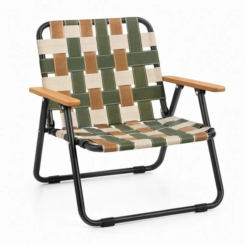 Opvouwbare campingstoel met stalen frame, houten armleuningen en polyester banden – 60 x 72 x 78 cm – Groen/Beige/Bruin/Zwart