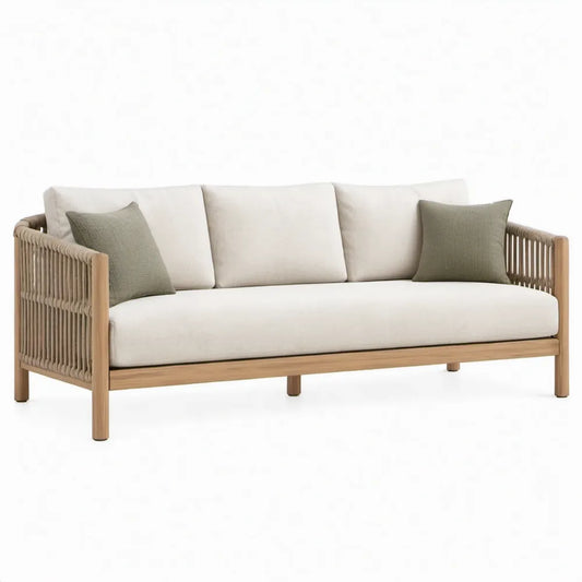 3-zits tuinbank 200 x 80 x 75 cm van naturel acaciahout met touw en witte kussens