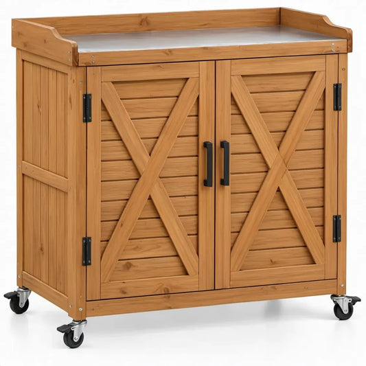 Bruine houten kast op wielen met 2 deuren en verzinkt stalen blad, 98 x 52 x 95 cm