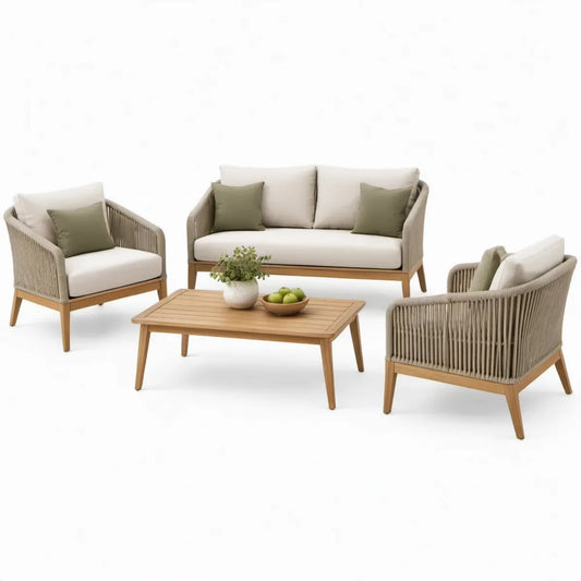 4-delige loungeset van acaciahout met 2 fauteuils, 2-zitsbank en salontafel, naturelbruin/taupe/gebroken wit/olijfgroen, bank 145 x 75 x 76 cm