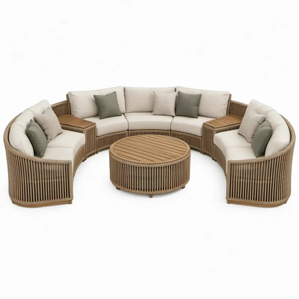 6-delige ronde tuinloungeset met salontafel, 380 x 190 x 75 cm, beige/bruin/groen