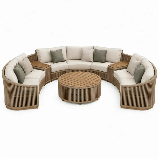 6-delige ronde tuinloungeset met salontafel, 380 x 190 x 75 cm, beige/bruin/groen