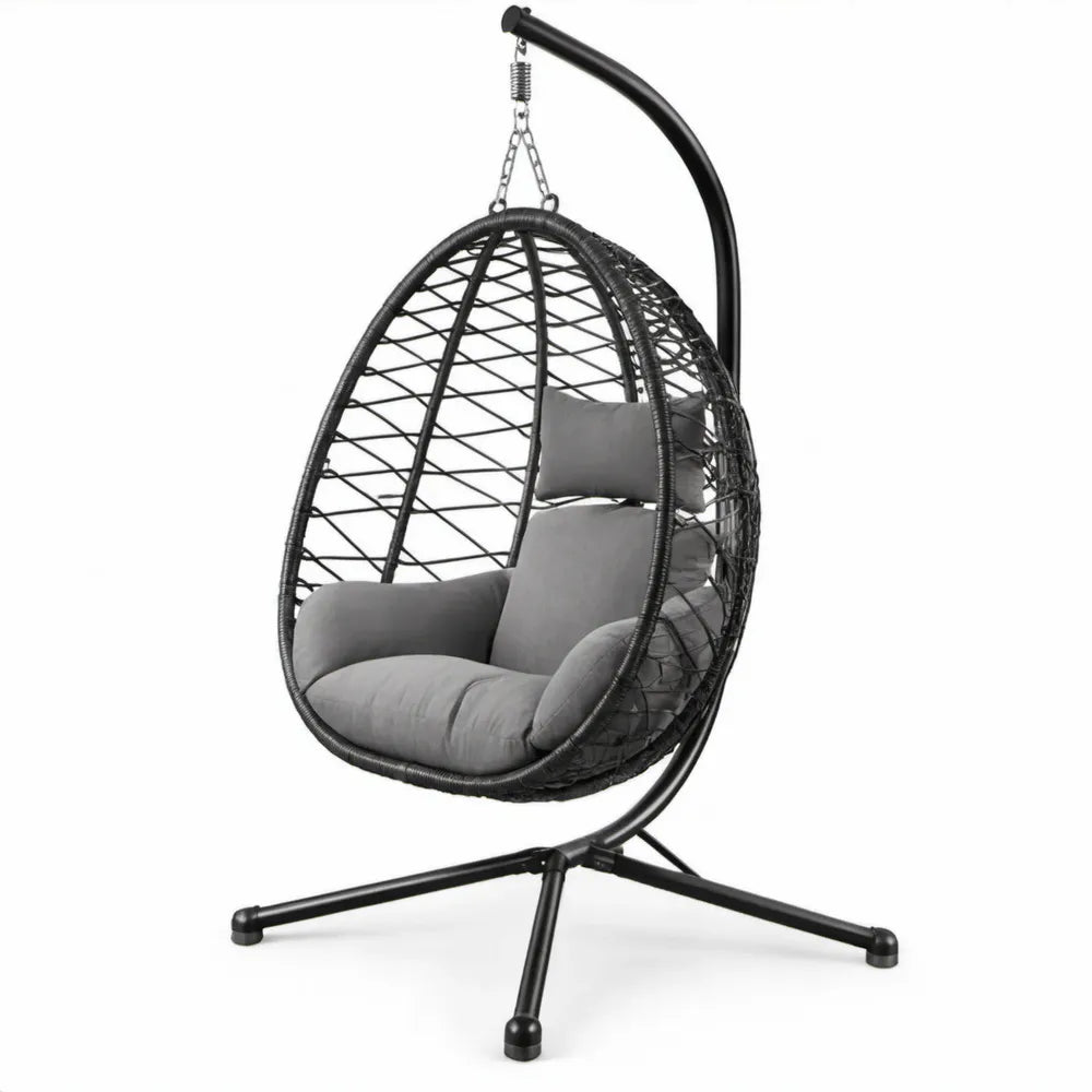 Eivormige hangstoel met standaard, zwart/grijs, 95 x 95 x 195 cm