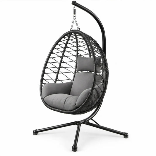 Eivormige hangstoel met standaard, zwart/grijs, 95 x 95 x 195 cm