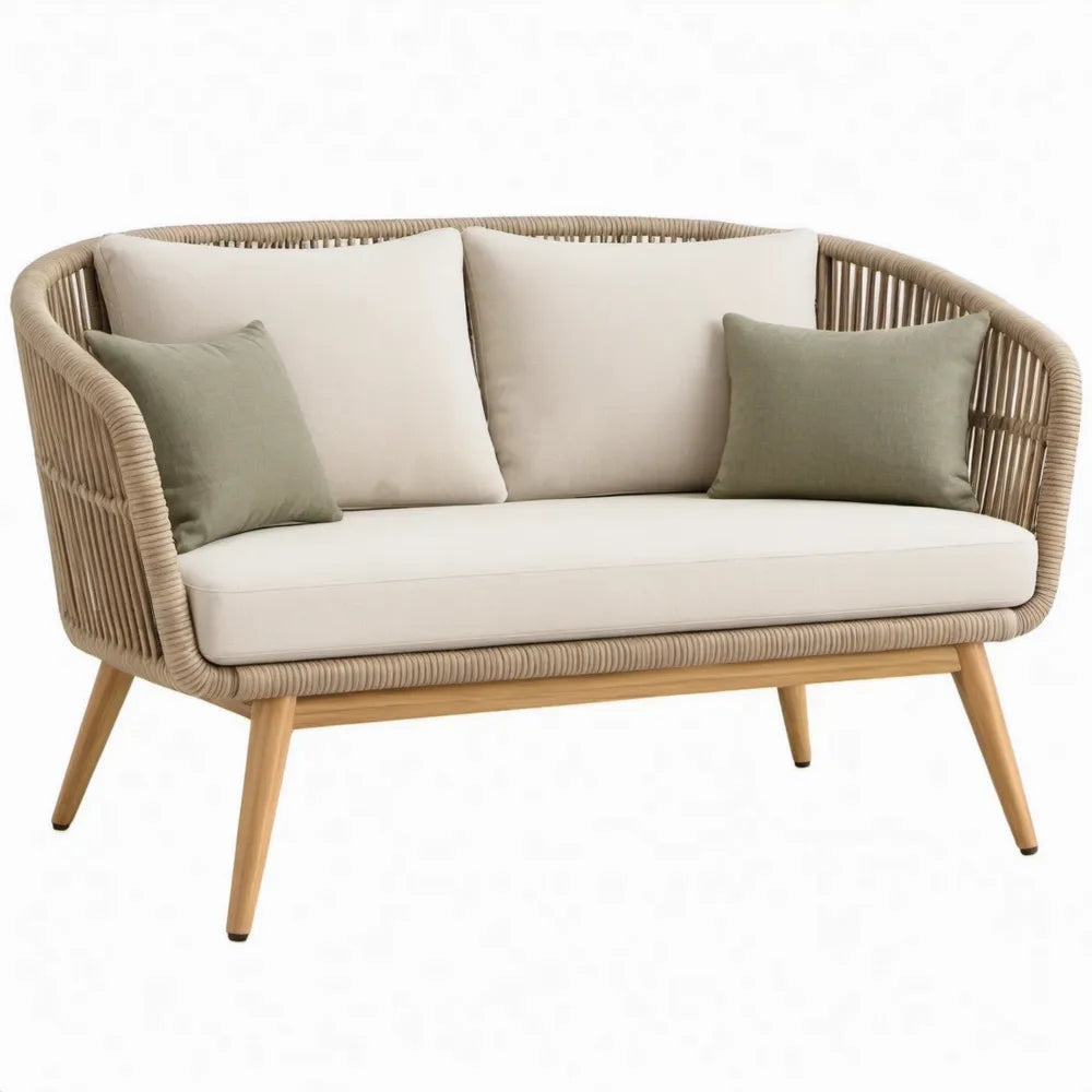 Beige 2-zits tuinbank van PE-rotan en acaciahout, 130 x 75 x 82 cm