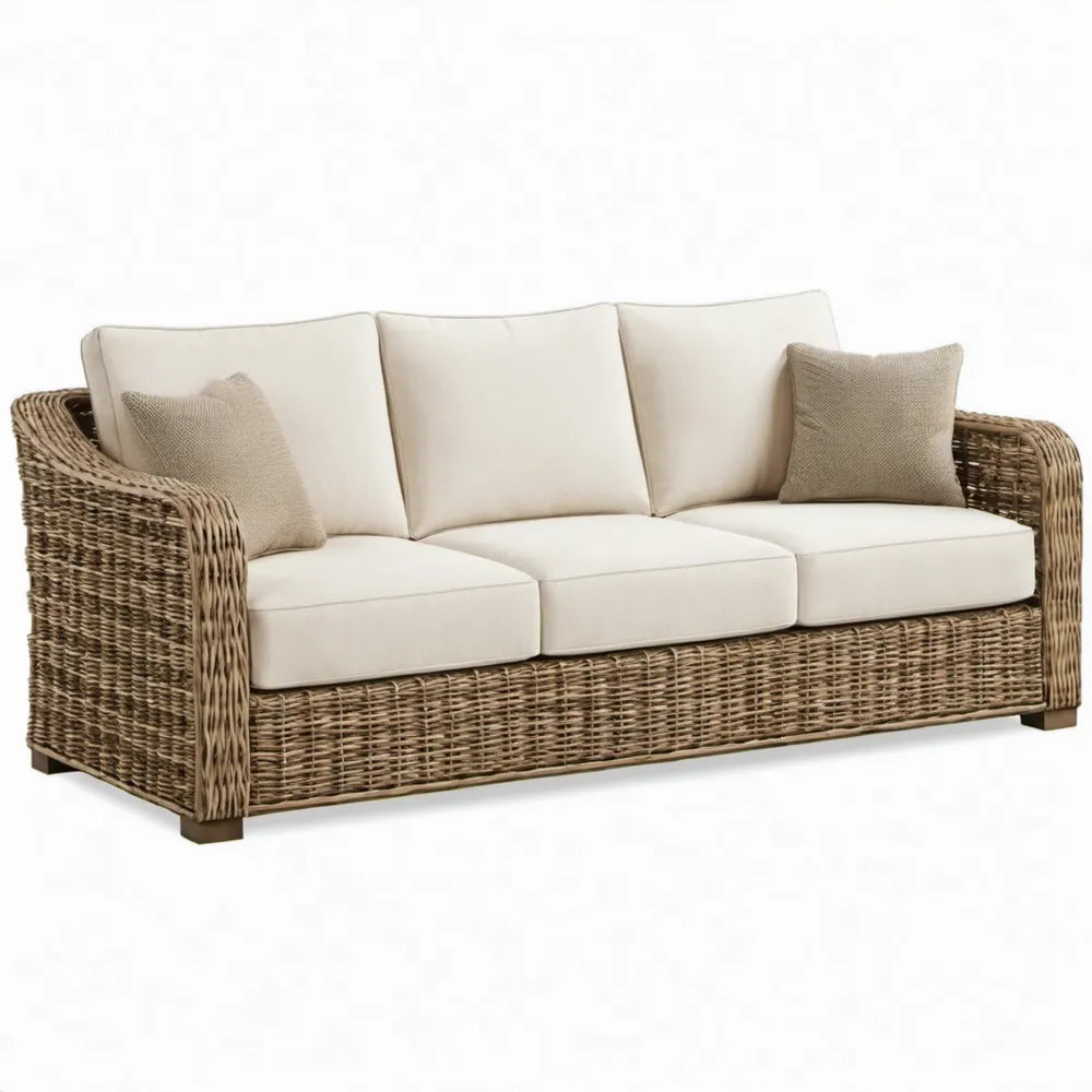 Rotan 3-zits tuinbank met crèmekleurige kussens, 220 x 90 x 85 cm