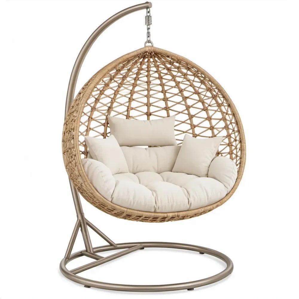 Ronde hangstoel met standaard van PE-rotan en staal, beige/taupe/gebroken wit, 105 x 105 x 195 cm