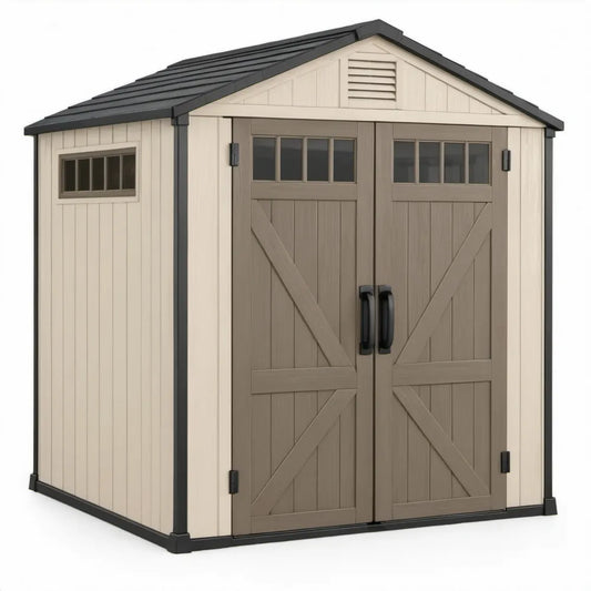 Kunststof tuinhuis met dubbele deuren, ramen en ventilatierooster 229 x 223,5 x 242 cm Beige/Taupe/Zwart