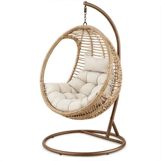 Ronde hangstoel met standaard 105 x 105 x 195 cm bruin PE-rattan en staal met crèmekleurige polyester kussens