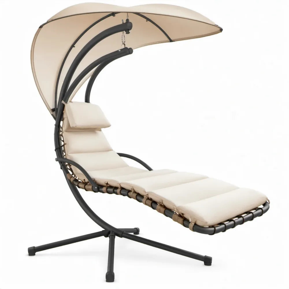 Hangende ligstoel met zonnedak, stalen frame en kussens – 200 x 100 x 200 cm – Crème/Zwart/Bruin
