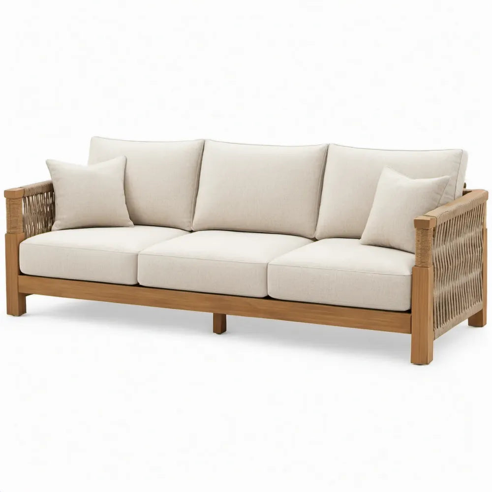 3-zits loungesofa 225 x 85 x 75 cm van acaciahout met touw, naturelbruin, beige en gebroken wit