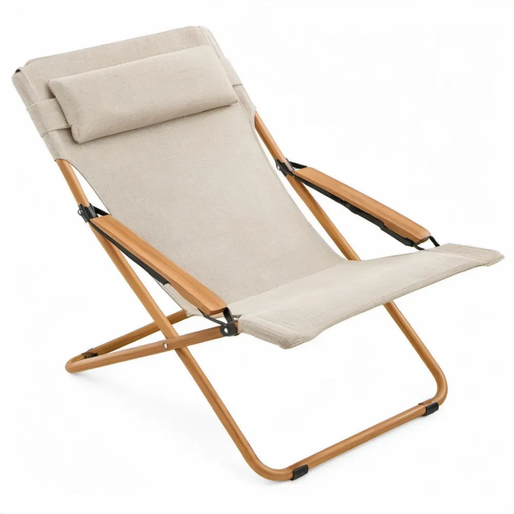 Verstelbare opvouwbare ligstoel 96 x 60 x 93 cm beige met bruin stalen frame en houten armleuningen