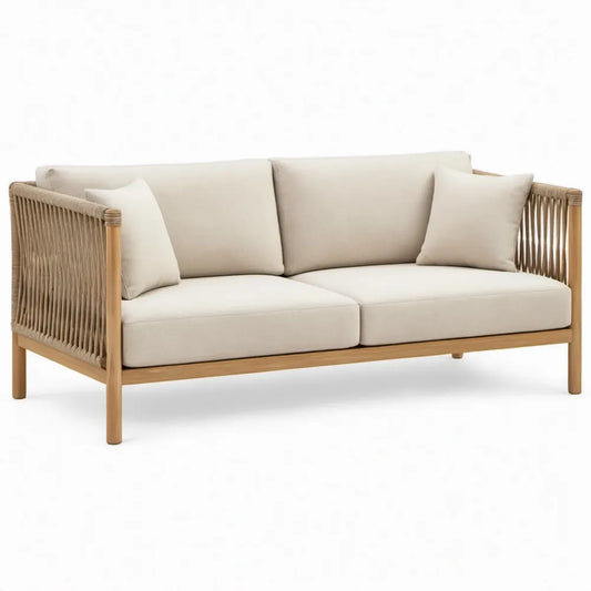 2-zits tuinbank 170 x 75 x 78 cm beige met acaciahouten frame en gevlochten polyester touw