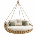 Ronde hangstoel van 180 cm van naturel PE-rotan met crèmekleurige en groene polyester kussens