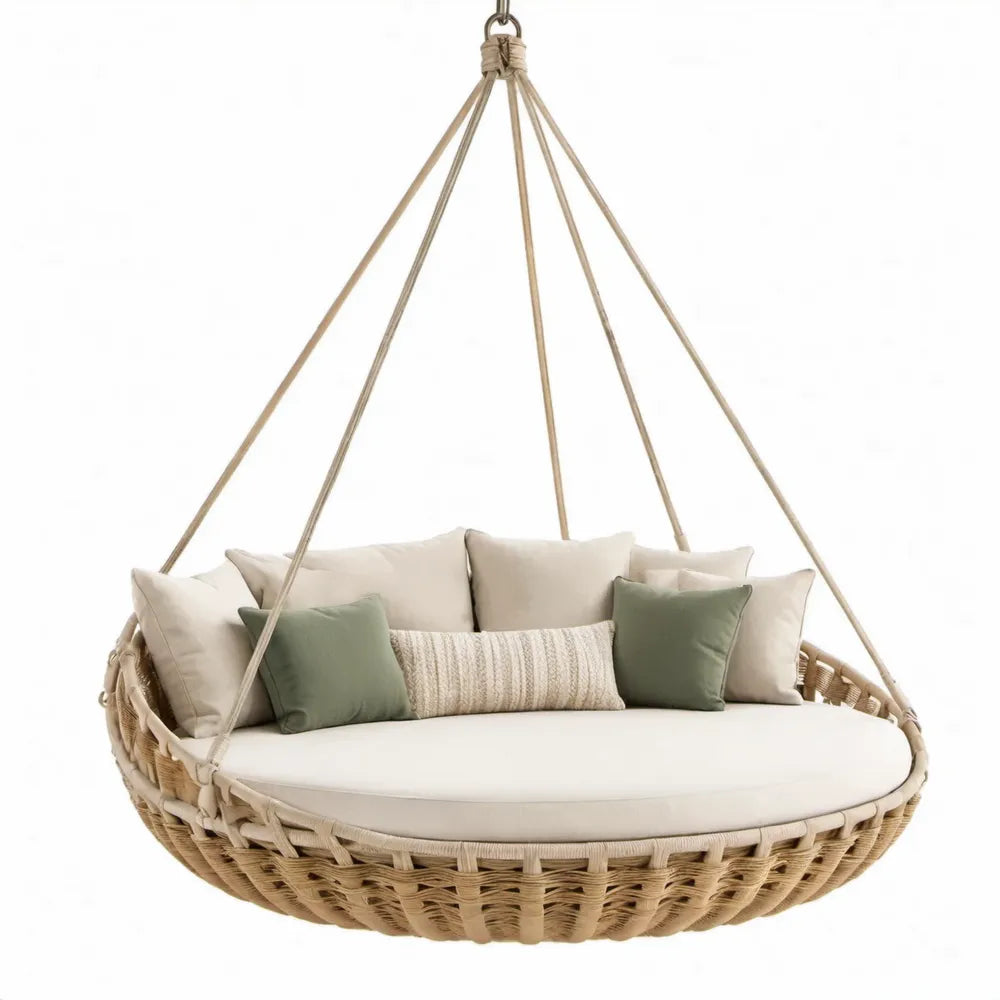 Ronde hangstoel van 180 cm van naturel PE-rotan met crèmekleurige en groene polyester kussens