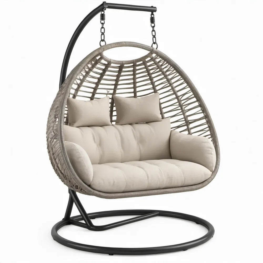 Eivormige hangstoel voor 2 personen met standaard, 120 x 105 x 195 cm, grijs, crème en zwart