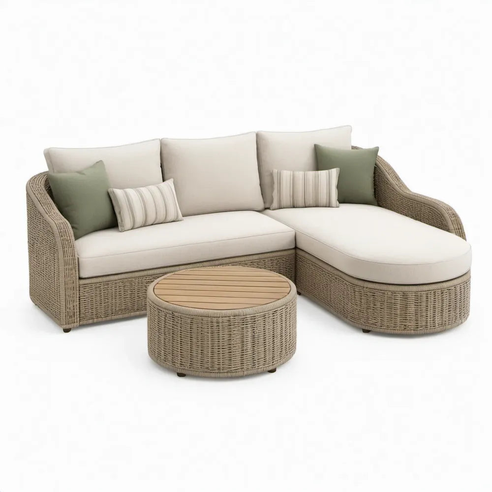 Beige L-vormige hoekbank met ronde tafel, 220 x 150 x 78 cm, PE-rattan en aluminium
