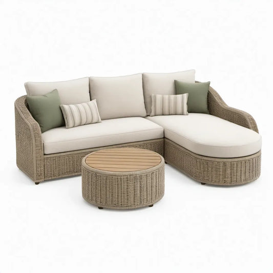 Beige L-vormige hoekbank met ronde tafel, 220 x 150 x 78 cm, PE-rattan en aluminium