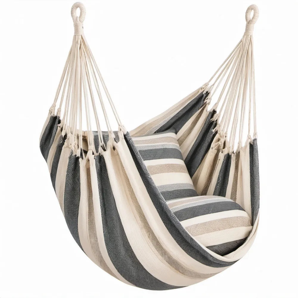 Katoenen hangstoel met gestreepte kussens, 130 x 100 cm, beige/grijs/crème